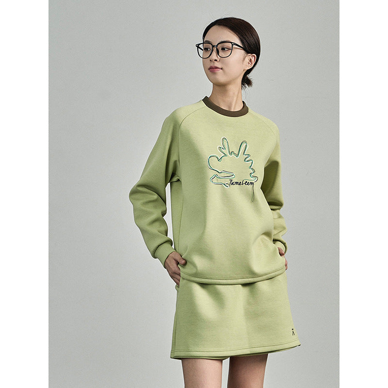 Embroidered Air Layer Sweater Loungewear Set - Ribbed Neckline