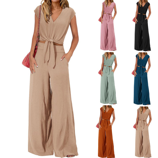 Women’s 2-Piece Set with Belted Midriff-Baring Top