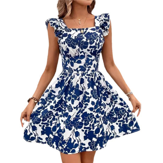 Women’s Printed Lace-Up Back Backless Frill Holiday Dress