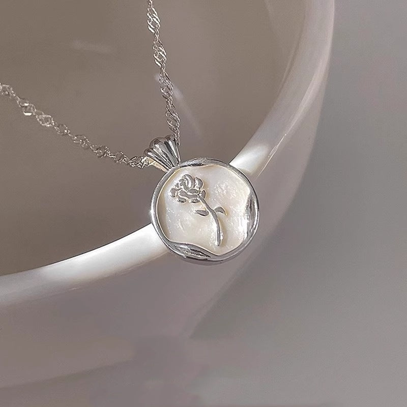 S925 Sterling Silver White Epoxy Rose Necklace for Women