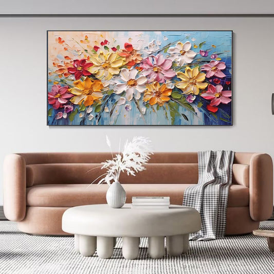Colorful Spring Flowers Knife Thick Canvas Wall Art Original Artwork Handmade White Florals Oil Painting Beautiful Decor