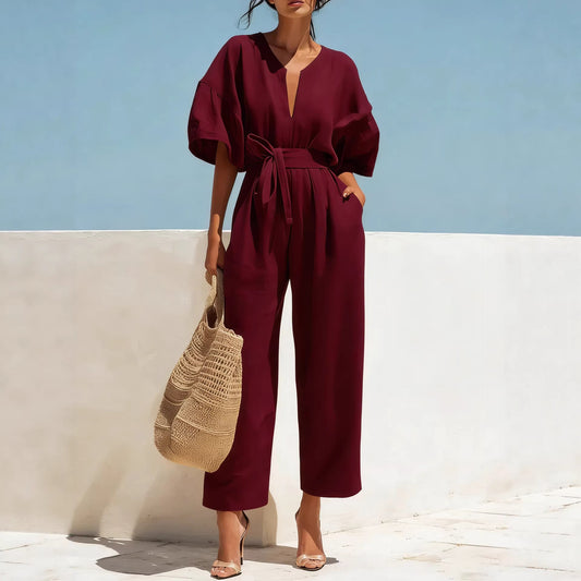 Fashionable V-Neck Cotton-Linen Solid Color Jumpsuit for Women