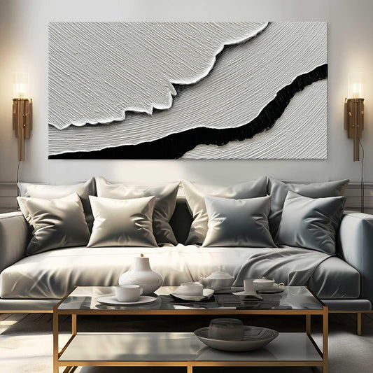 Black White Sea Waves Abstract Paintings Hand-painted Wall Art Horizontal Oil Painting Textured Art Home Living Room Bedroom Decor