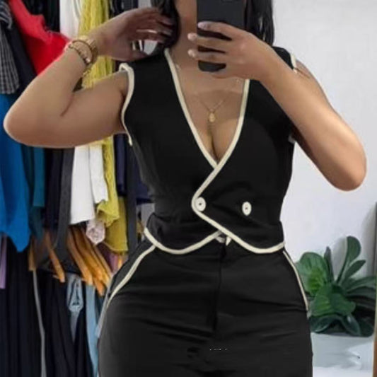 Women’s Fashion Colorblock Short Sleeveless Vest Suit