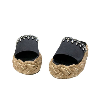 Women's Rhinestone Hemp Rope Woven Thick Sole Slippers
