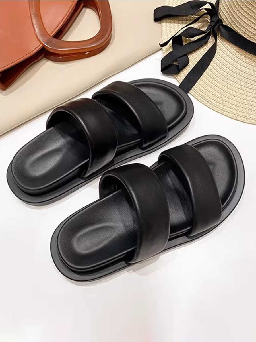 Genuine Leather Candy-colored Flat Slippers - Women's