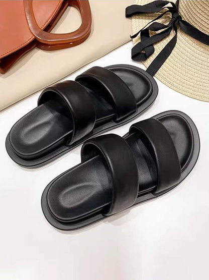 Genuine Leather Candy-colored Flat Slippers - Women's