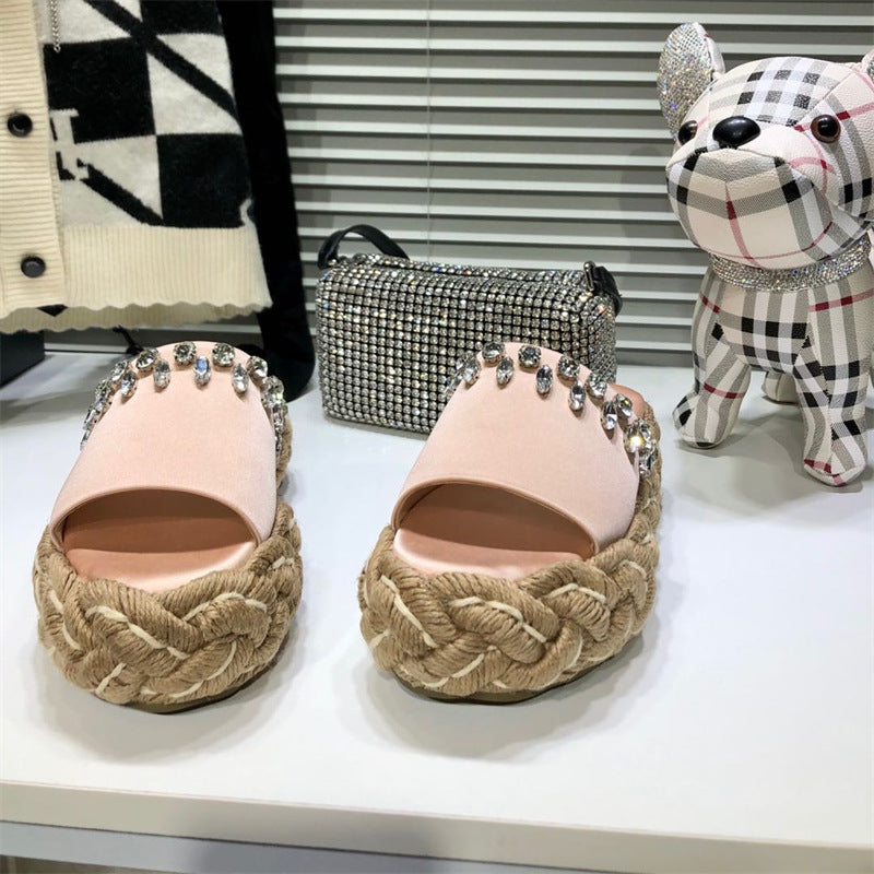 Women's Rhinestone Hemp Rope Woven Thick Sole Slippers