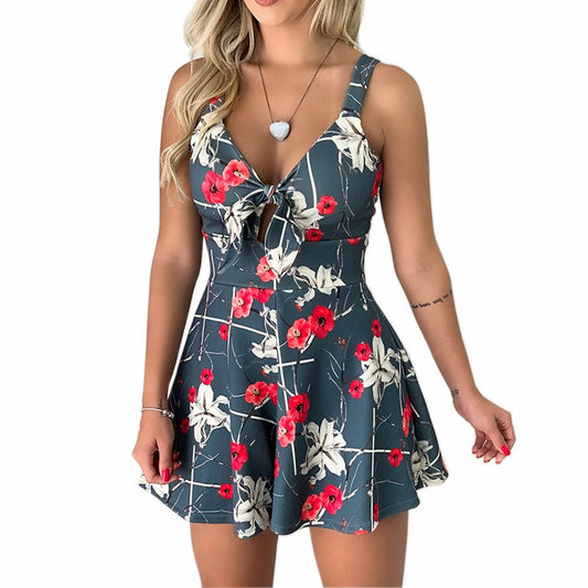 Women’s Bow Lace Printed Loose-Fit One-Piece Shorts