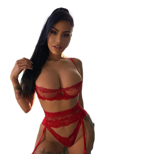 3-Piece Transparent Lace Lingerie Set