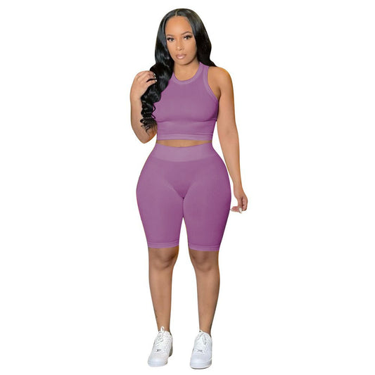 Pure Color Two-Piece Casual Ribbed Shorts Set