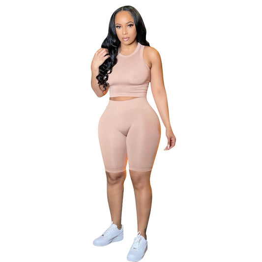 Pure Color Two-Piece Casual Ribbed Shorts Set