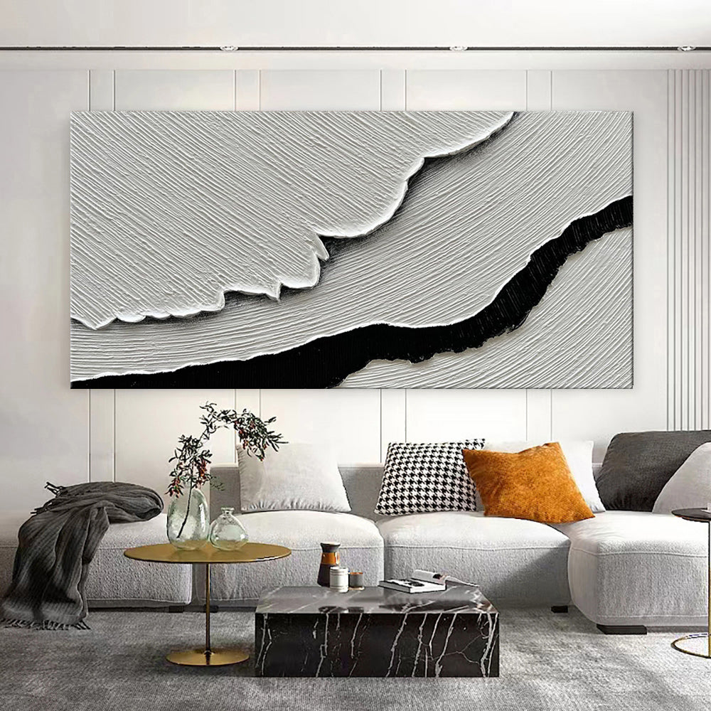 Black White Sea Waves Abstract Paintings Hand-painted Wall Art Horizontal Oil Painting Textured Art Home Living Room Bedroom Decor
