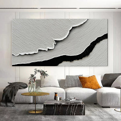 Black White Sea Waves Abstract Paintings Hand-painted Wall Art Horizontal Oil Painting Textured Art Home Living Room Bedroom Decor