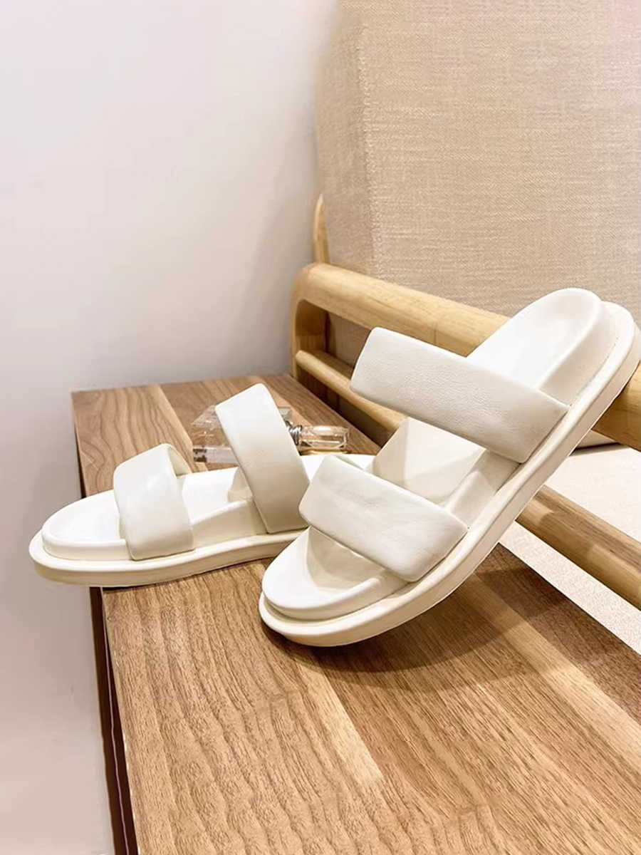 Genuine Leather Candy-colored Flat Slippers - Women's