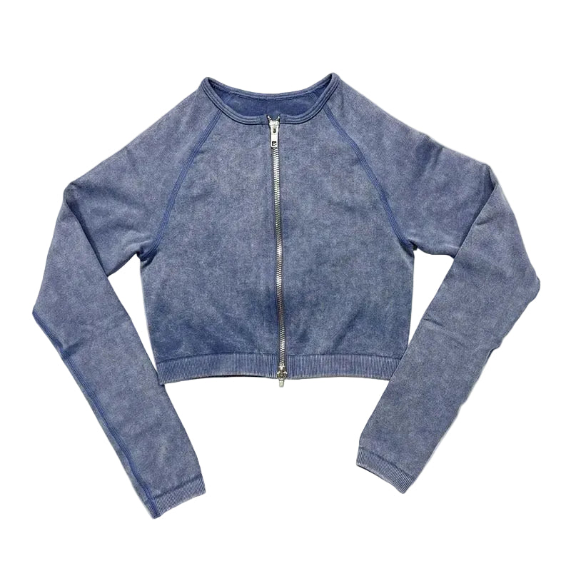 Blue long-sleeve crop top with a zipper on a white background