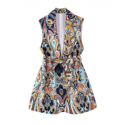 European & American Style Women’s Sleeveless Printed Vest and Pants Suit with Belt