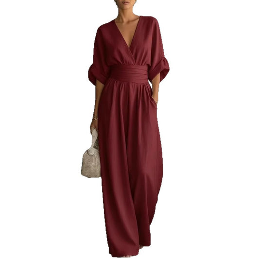 Elegant V-Neck Waist-Cinching Women’s Jumpsuit