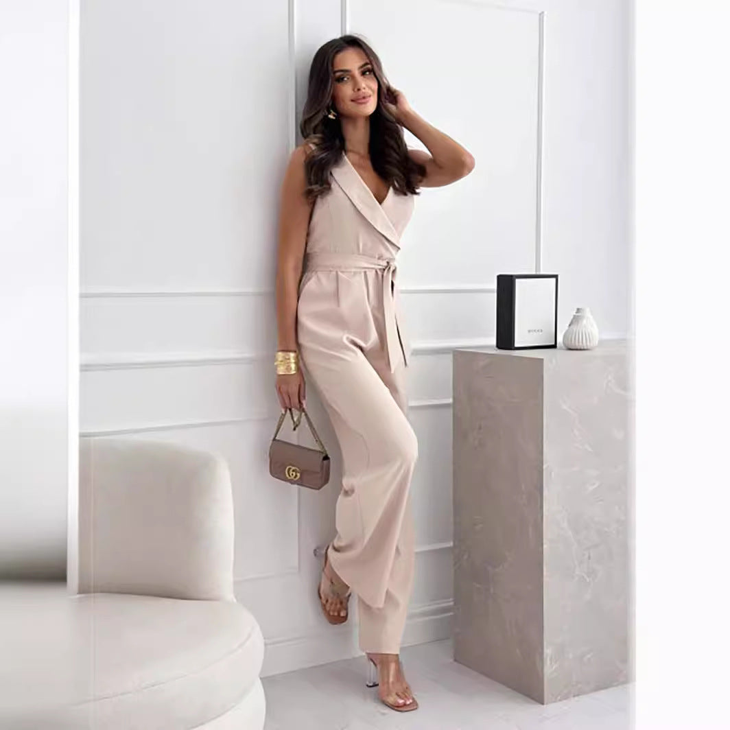 Women’s Casual V-Neck Solid-Color Sleeveless Jumpsuit