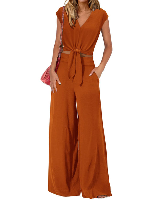 Women’s 2-Piece Set with Belted Midriff-Baring Top
