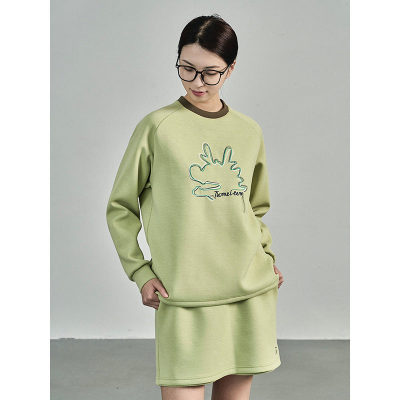 Embroidered Air Layer Sweater Loungewear Set - Ribbed Neckline