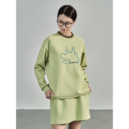 Embroidered Air Layer Sweater Loungewear Set - Ribbed Neckline