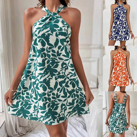 Women’s Leaf-Print Halterneck Backless Summer Dress