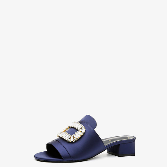 Women's Rhinestone Square Buckle Thick Heel Slippers - Sexy Open-toe