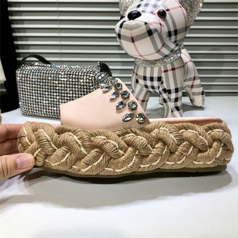 Women's Rhinestone Hemp Rope Woven Thick Sole Slippers
