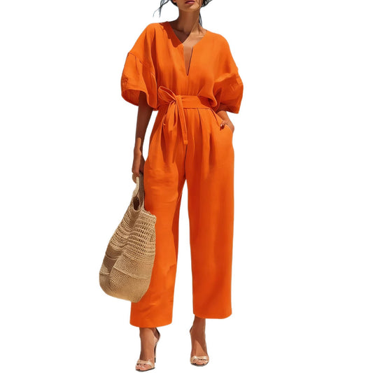 Fashionable V-Neck Cotton-Linen Solid Color Jumpsuit for Women