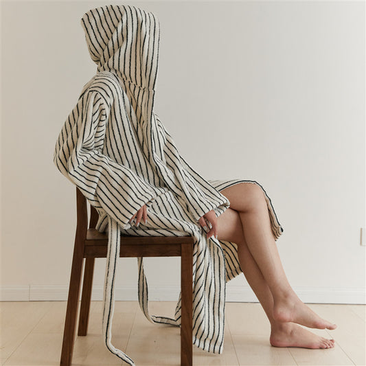 Pinstripe Hooded Bathrobe - Colorblock Design