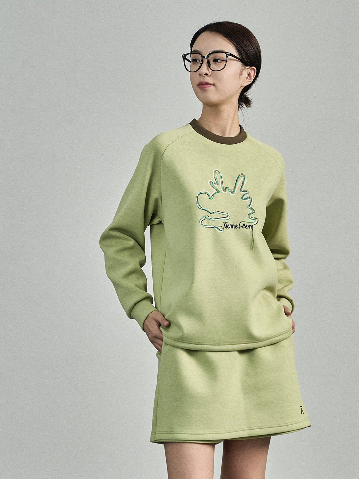 Embroidered Air Layer Sweater Loungewear Set - Ribbed Neckline