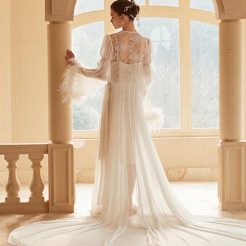 Women's Ostrich Feather Light Gauze Pajama Suspender Set