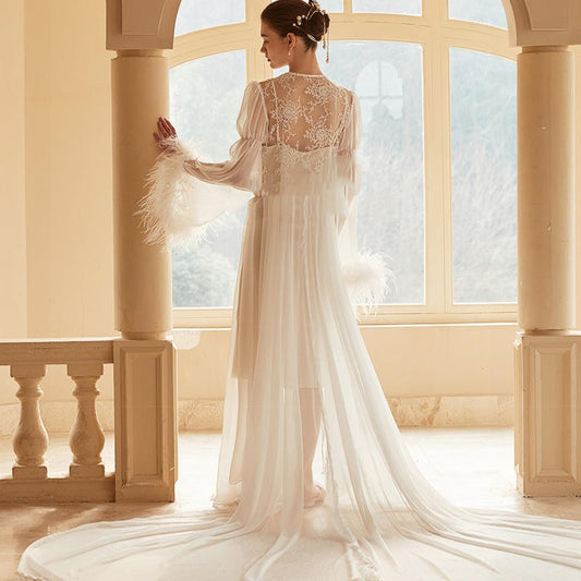 Women's Ostrich Feather Light Gauze Pajama Suspender Set