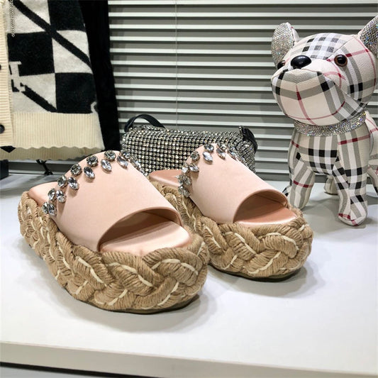 Women's Rhinestone Hemp Rope Woven Thick Sole Slippers