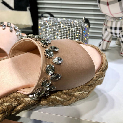 Women's Rhinestone Hemp Rope Woven Thick Sole Slippers