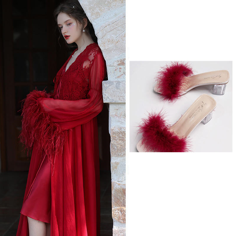 Women's Ostrich Feather Light Gauze Pajama Suspender Set