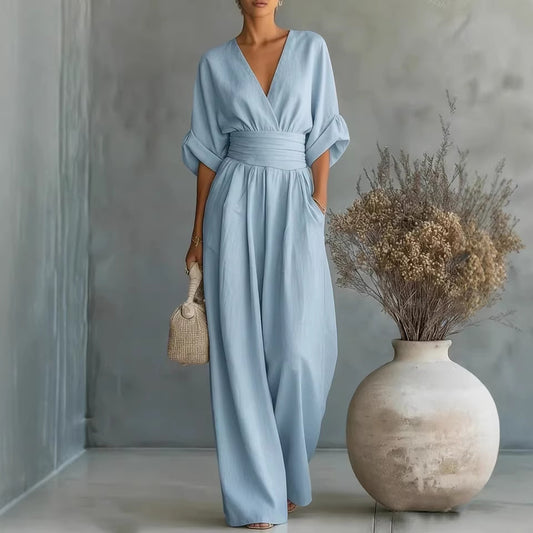Elegant V-Neck Waist-Cinching Women’s Jumpsuit
