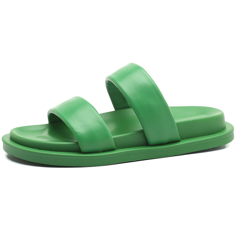 Genuine Leather Candy-colored Flat Slippers - Women's