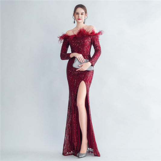 High-Density Ostrich Feather Sequin Off-Shoulder Fishtail Evening Gown