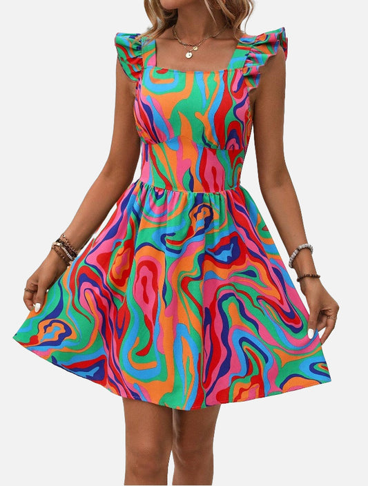 Women’s Printed Lace-Up Back Backless Frill Holiday Dress
