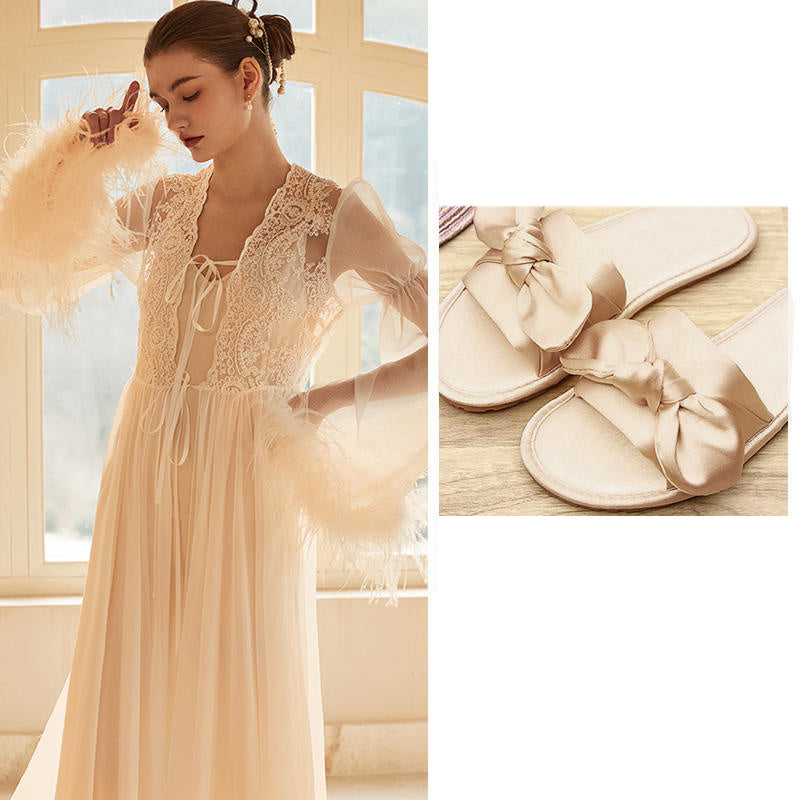 Women's Ostrich Feather Light Gauze Pajama Suspender Set