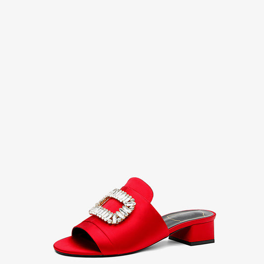 Women's Rhinestone Square Buckle Thick Heel Slippers - Sexy Open-toe
