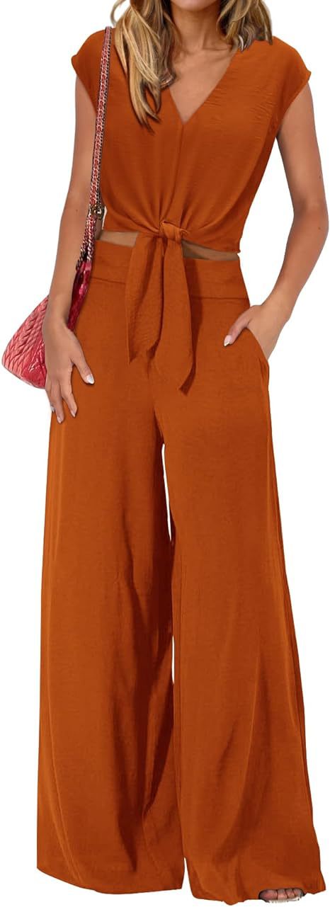 Women’s Fashion V-Neck Drawstring Short Top with Wide-Leg Pants Suit