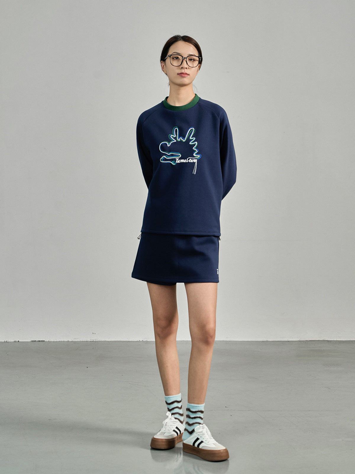 Embroidered Air Layer Sweater Loungewear Set - Ribbed Neckline