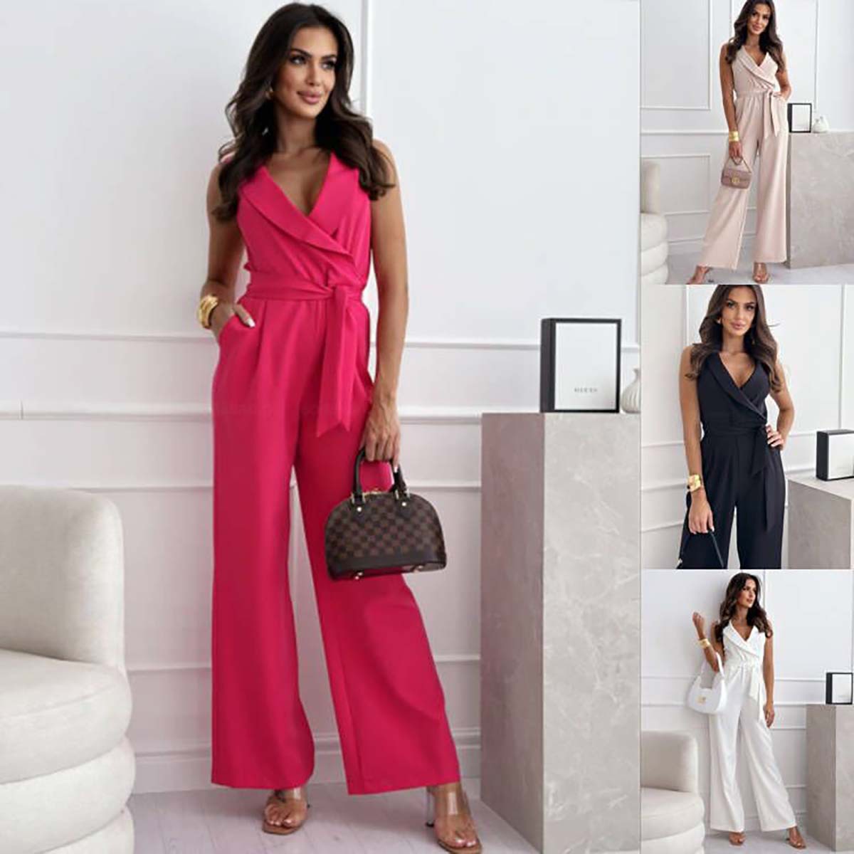 Women’s Casual V-Neck Solid-Color Sleeveless Jumpsuit