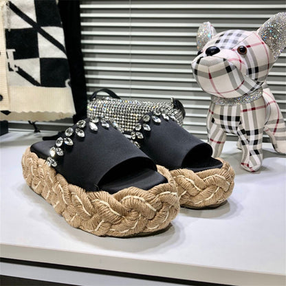 Women's Rhinestone Hemp Rope Woven Thick Sole Slippers