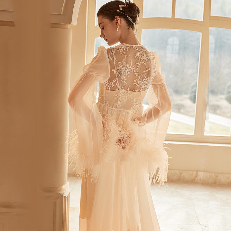 Women's Ostrich Feather Light Gauze Pajama Suspender Set