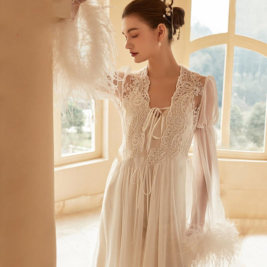 Women's Ostrich Feather Light Gauze Pajama Suspender Set