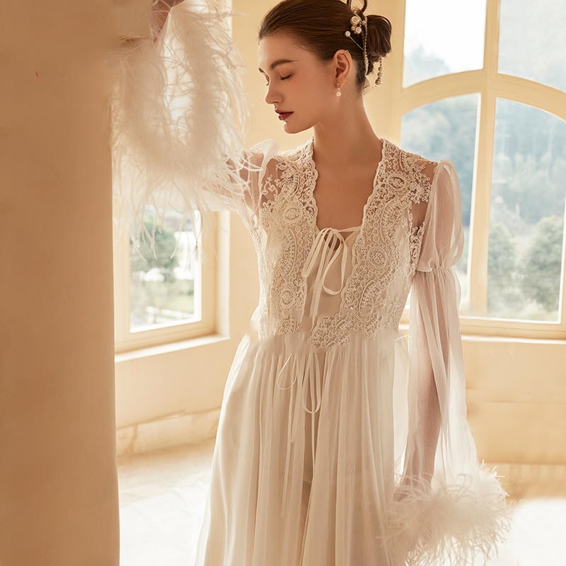 Women's Ostrich Feather Light Gauze Pajama Suspender Set